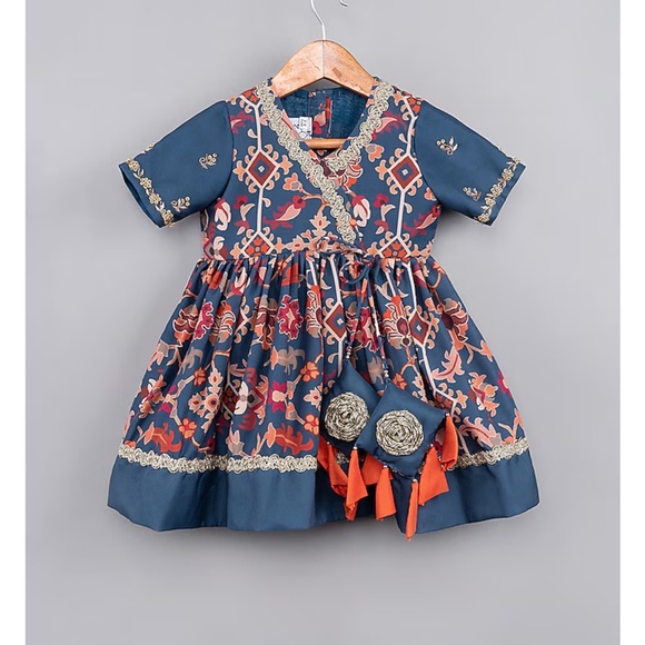 RARE Little Brats Sapphire Maheshwari Silk Ikat  Embroidered Gown - Size 1-2 - Picture 1 of 9